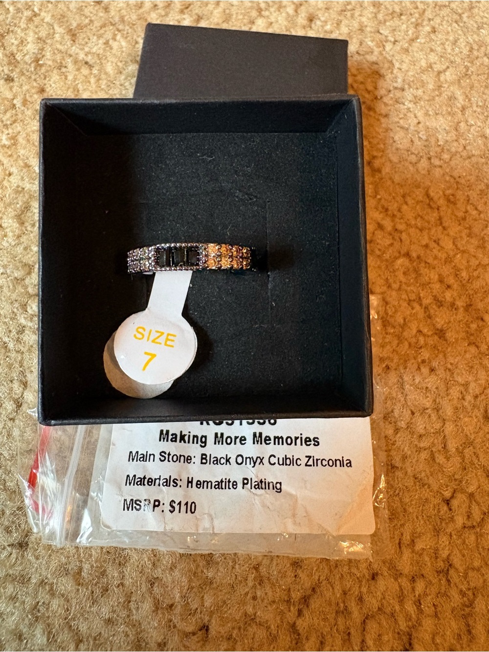 Black Onyx and Cubic Zirconia Band Ring - Size 7